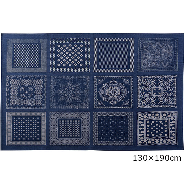 幾何学模様を組み合わせたおしゃれなコットンラグ ブルー/レッド 【90×130cm】【130×190cm】