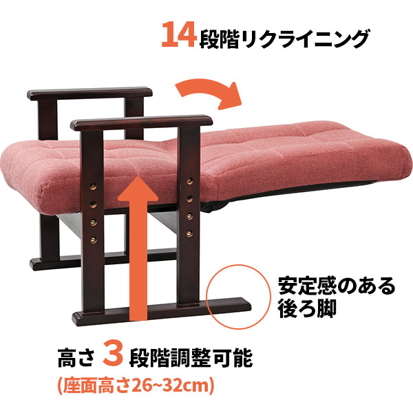 小さめサイズの高座椅子 リクライニング機能付き 安楽椅子 125-16152｜詳細画像