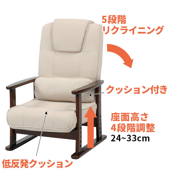 座面低めのリクライニング高座椅子 柔らかい低反発ウレタン 安楽椅子 125-16154｜詳細画像